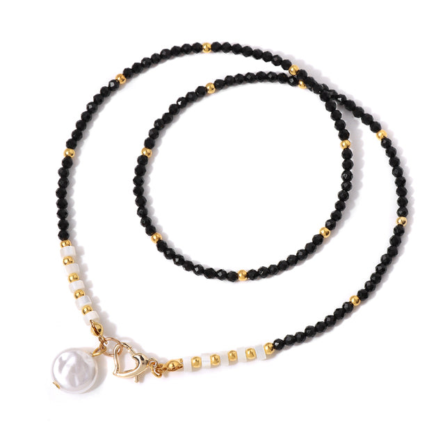 18K Gold Plated Stainless Steel Natural Stone Bead & Faux Pearl Pendant Necklace – 45cm