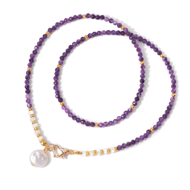 18K Gold Plated Stainless Steel Natural Stone Bead & Faux Pearl Pendant Necklace – 45cm