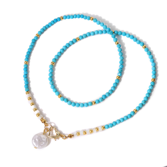 18K Gold Plated Stainless Steel Natural Stone Bead & Faux Pearl Pendant Necklace – 45cm