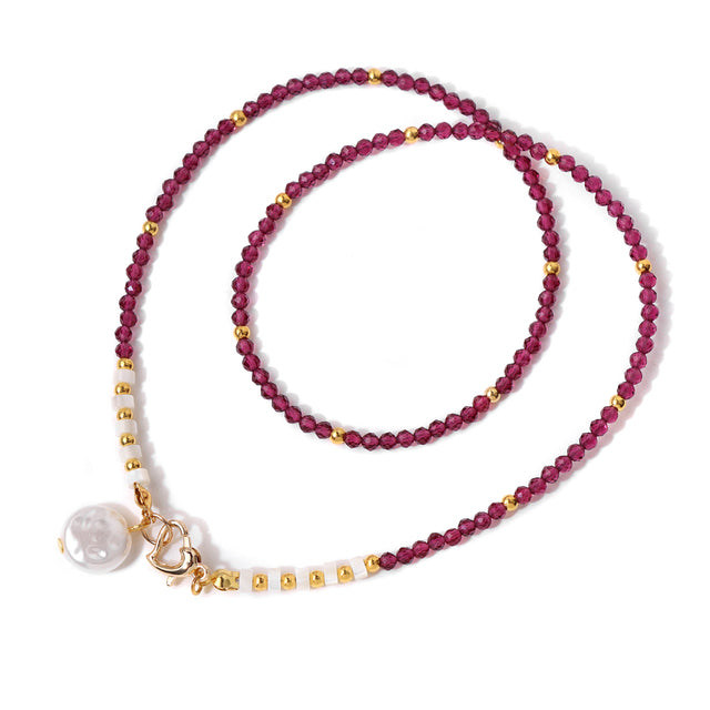18K Gold Plated Stainless Steel Natural Stone Bead & Faux Pearl Pendant Necklace – 45cm