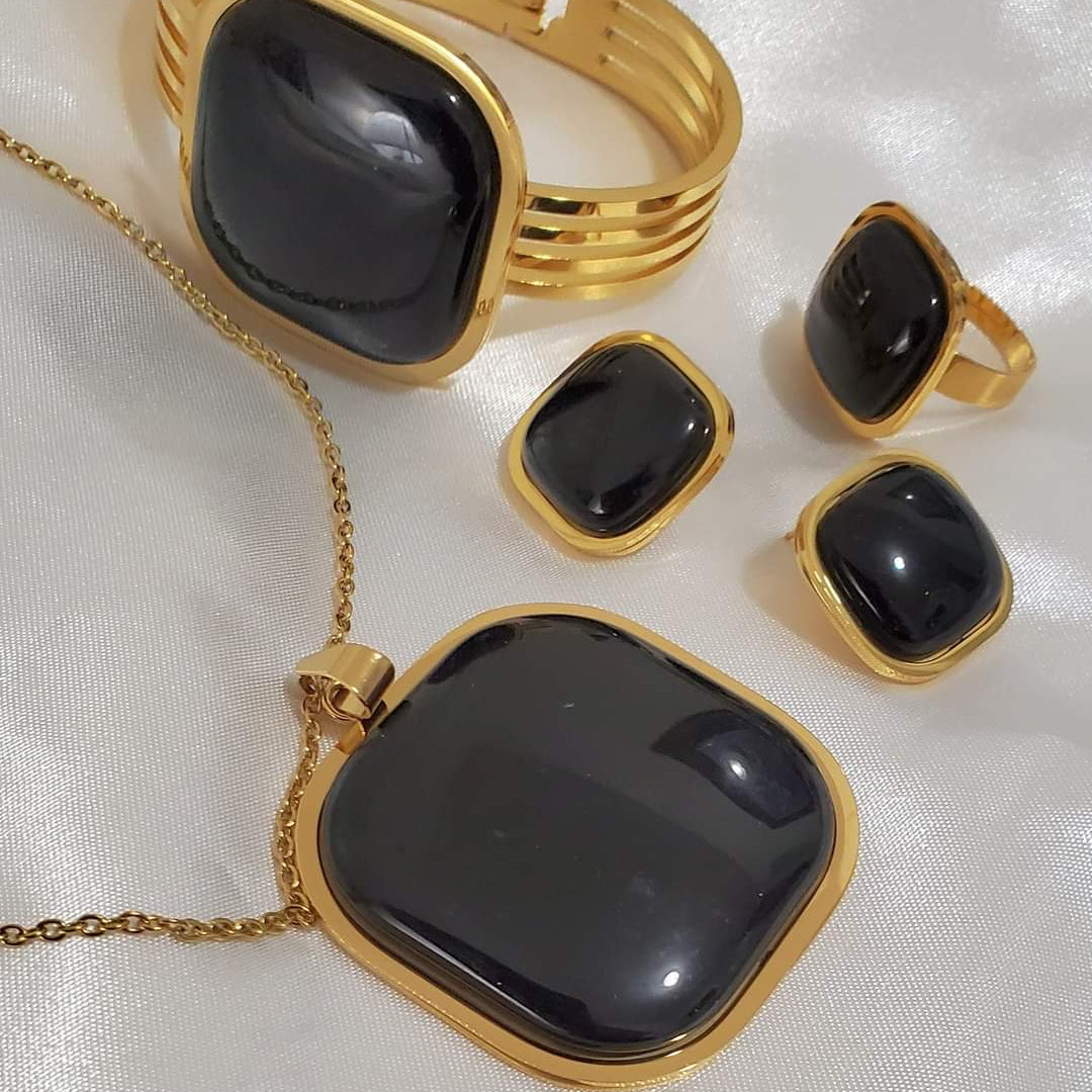 18K Gold Plated Stainless Steel Enamel Jewelry Set – Necklace, Bracelet & Ring | Multiple Colors