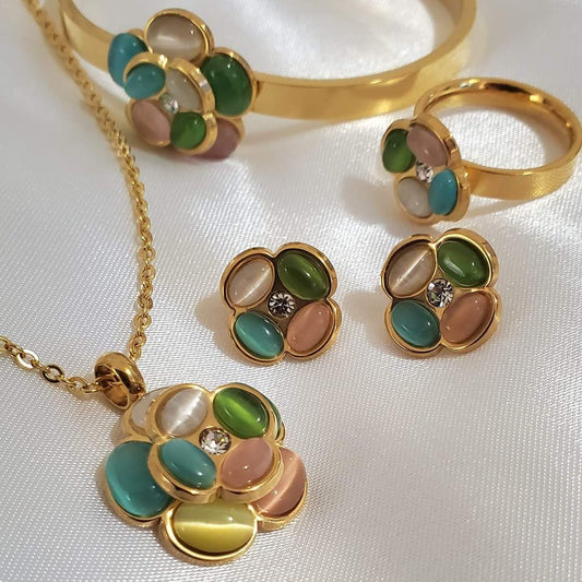 18K Gold Plated Stainless Steel Green MultiFlower Necklace Jewelry Set