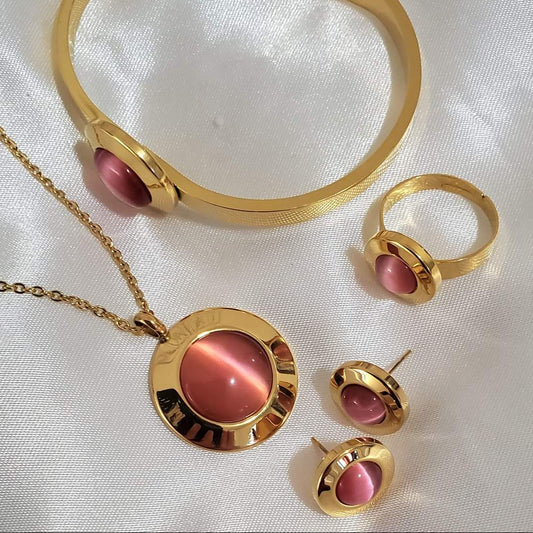 18K Gold Plated Stainless Steel Pink Vintage Jewelry Set – Necklace, Bracelet, Ring & Earrings (4 pcs)