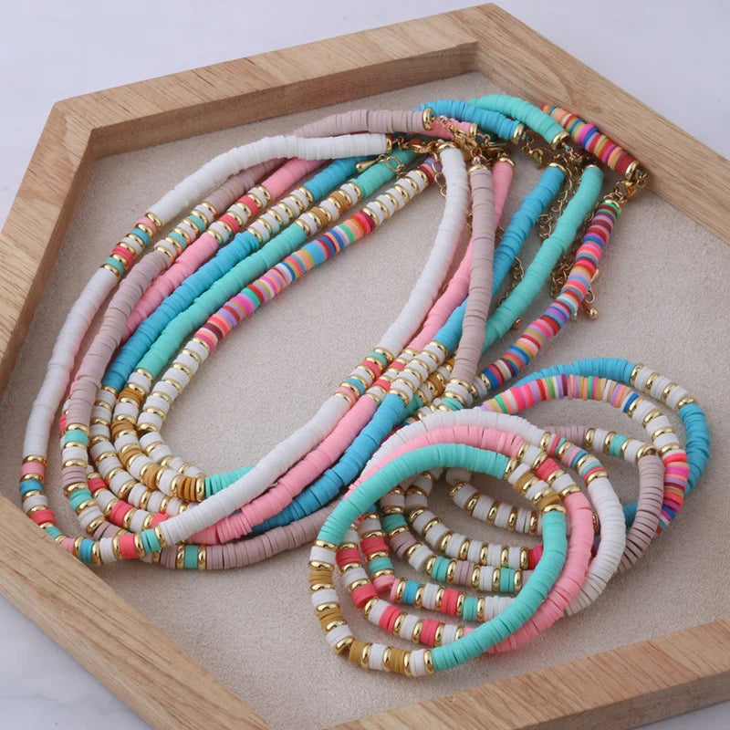 18K Gold Plated Heishi Beads Choker & Bracelet Set | Summer Polymer Clay Jewelry