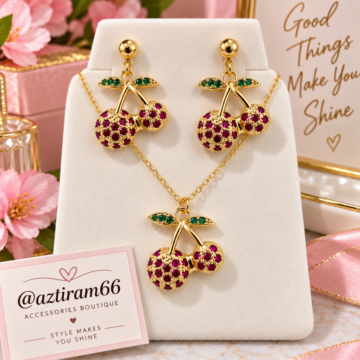🍒 Set de Collar y Aretes Cherry – Oro Laminado 14K