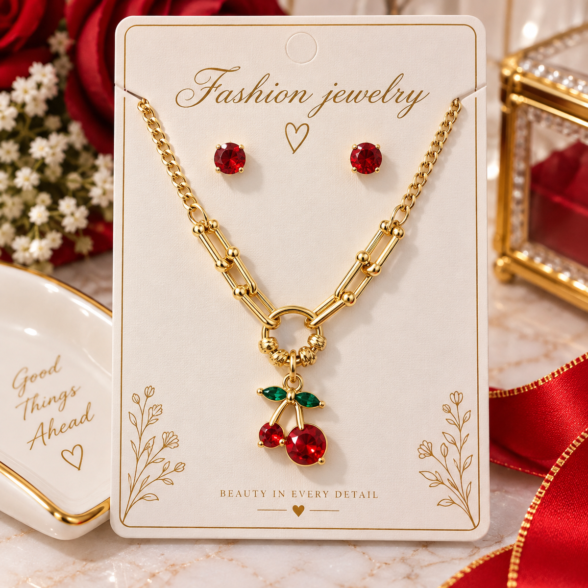 🍒 Título Set de Collar y Aretes de Cerezas en Oro Laminado 14K