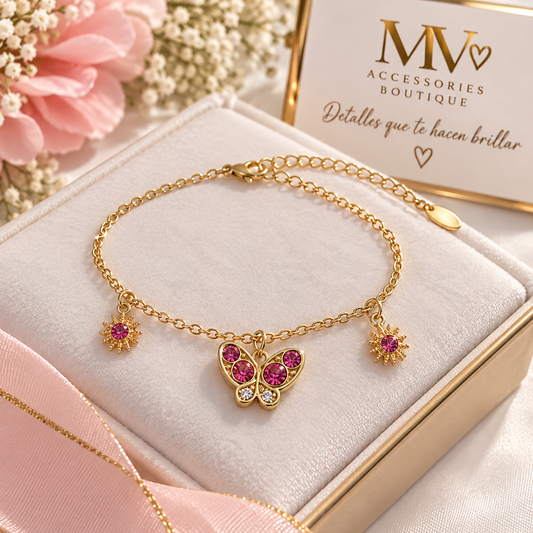 🦋 Pulsera de Mariposa con Detalles Rosados en Oro Laminado