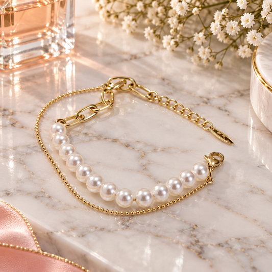 Pulsera de Perlas y Eslabones en Oro Laminado