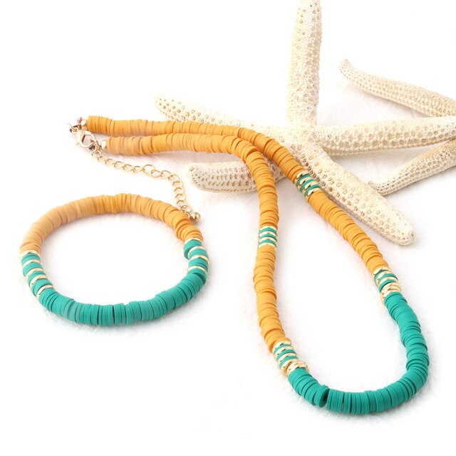 18K Gold Plated Heishi Beads Choker & Bracelet Set | Summer Polymer Clay Jewelry