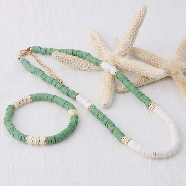 18K Gold Plated Heishi Beads Choker & Bracelet Set | Summer Polymer Clay Jewelry