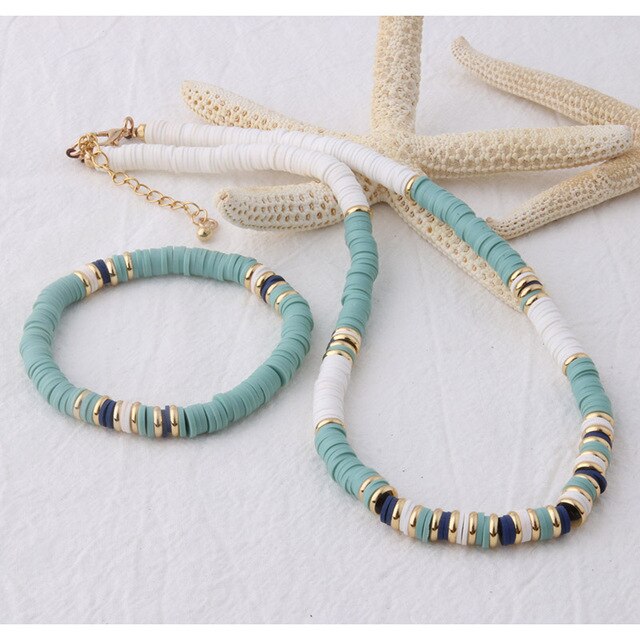 18K Gold Plated Heishi Beads Choker & Bracelet Set | Summer Polymer Clay Jewelry