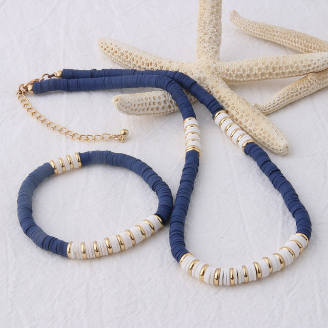 18K Gold Plated Heishi Beads Choker & Bracelet Set | Summer Polymer Clay Jewelry
