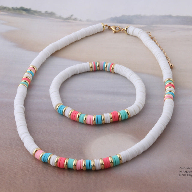 18K Gold Plated Heishi Beads Choker & Bracelet Set | Summer Polymer Clay Jewelry