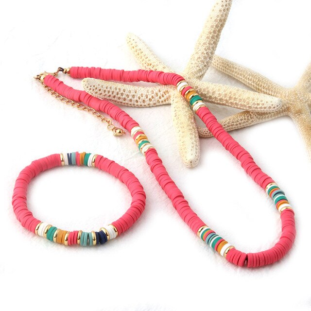 18K Gold Plated Heishi Beads Choker & Bracelet Set | Summer Polymer Clay Jewelry