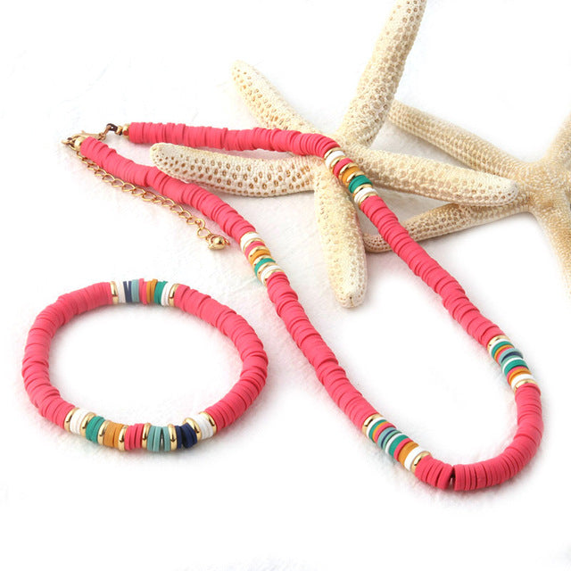 18K Gold Plated Heishi Beads Choker & Bracelet Set | Summer Polymer Clay Jewelry
