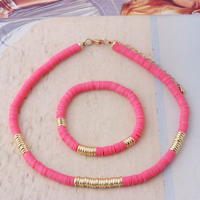 18K Gold Plated Heishi Beads Choker & Bracelet Set | Summer Polymer Clay Jewelry