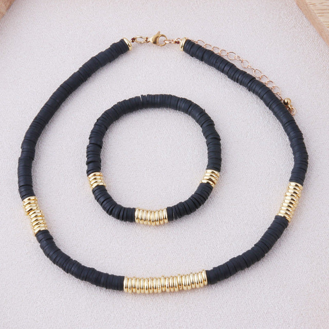 18K Gold Plated Heishi Beads Choker & Bracelet Set | Summer Polymer Clay Jewelry