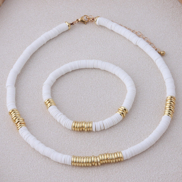 18K Gold Plated Heishi Beads Choker & Bracelet Set | Summer Polymer Clay Jewelry