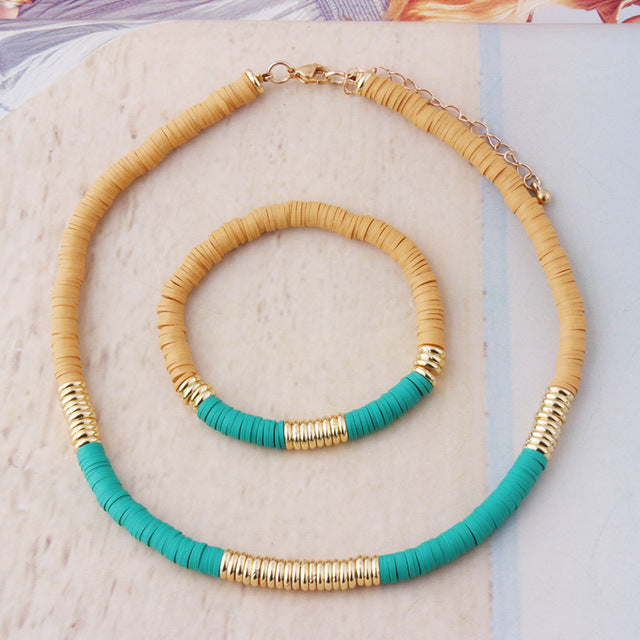 18K Gold Plated Heishi Beads Choker & Bracelet Set | Summer Polymer Clay Jewelry