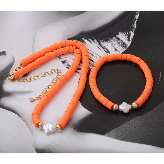18K Gold Plated Heishi Beads Choker & Bracelet Set | Summer Polymer Clay Jewelry