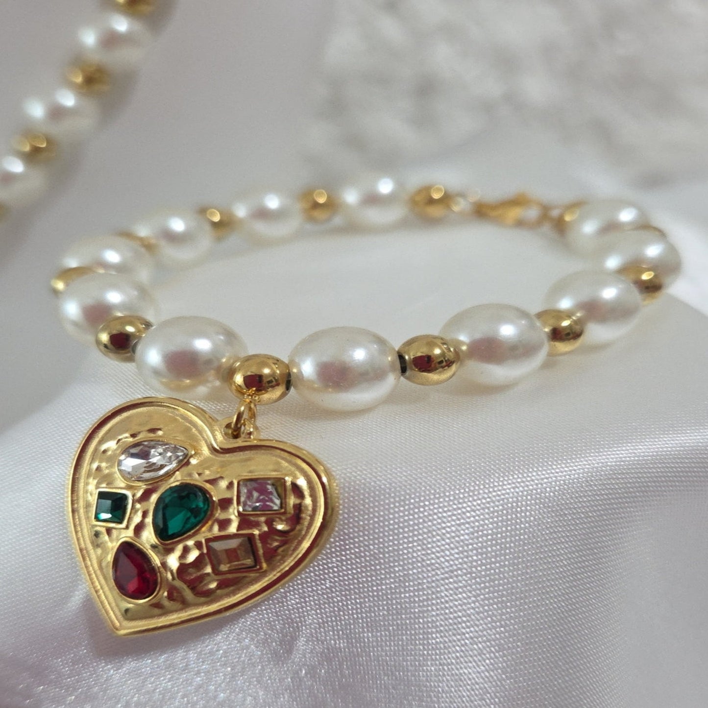 Pulsera Perlas Corazón Cristal