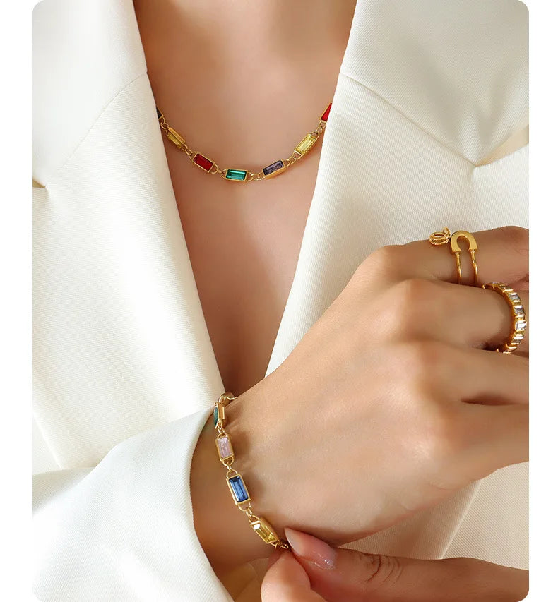 18K Gold Plated Stainless Steel Necklaces & Bracelet Crystal Set