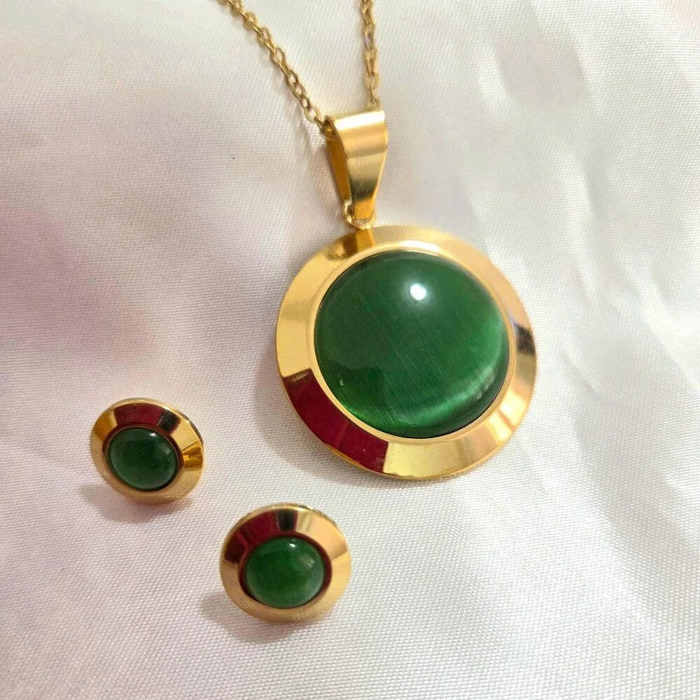 18K Gold Plated Gold and Green Necklaces Earrings Jewelry Set