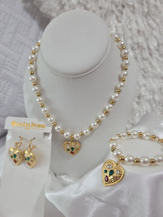 18K Gold Plated White Pearl Crystal Jewelry Set