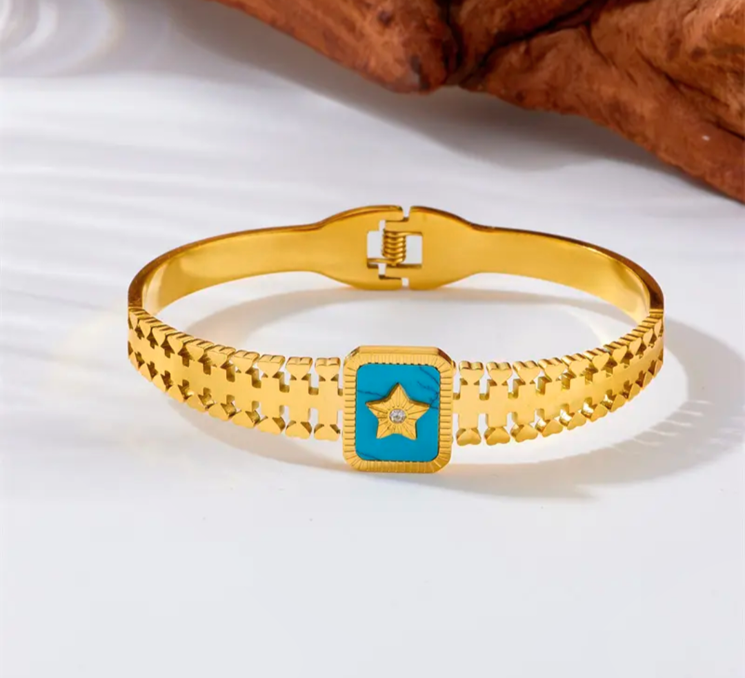 18K Gold Plated Stainless Steel Blue Star Bangle Bracelet