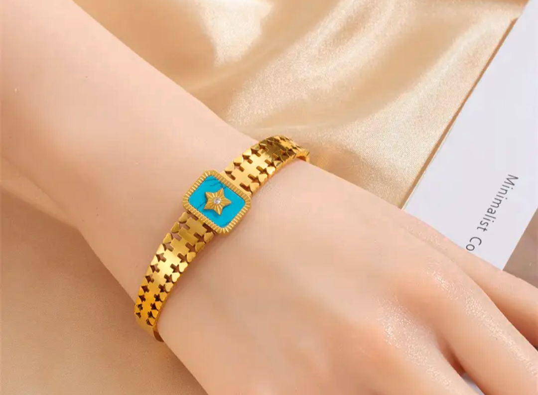 18K Gold Plated Stainless Steel Blue Star Bangle Bracelet