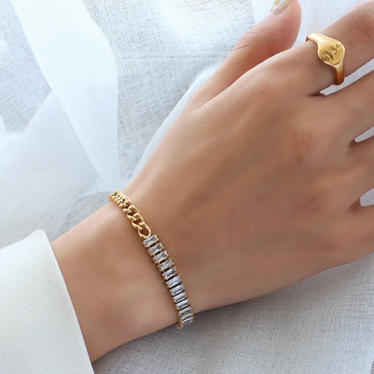 18K Gold Plated Stainless Steel Spliced Chain Bracelet with Diamond Zircon Accents