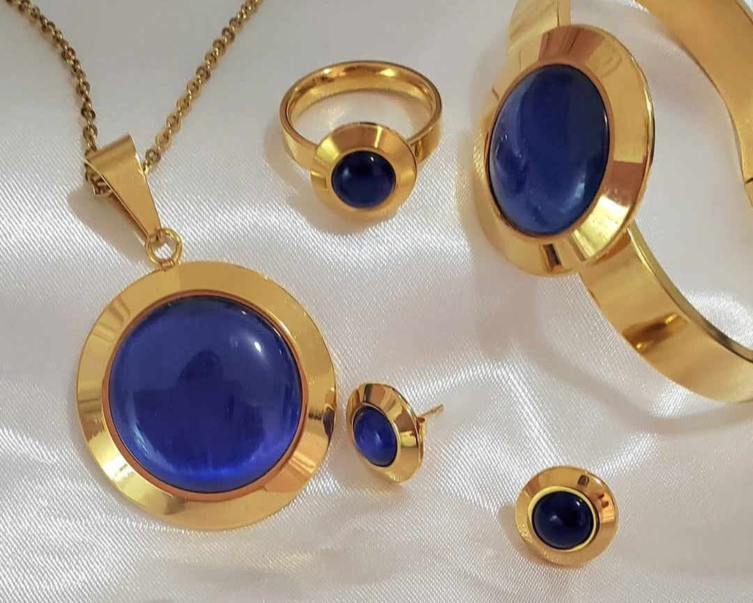 18K Gold Plated Stainless Steel Necklace Earring Ring Bracelet Size 8- Select