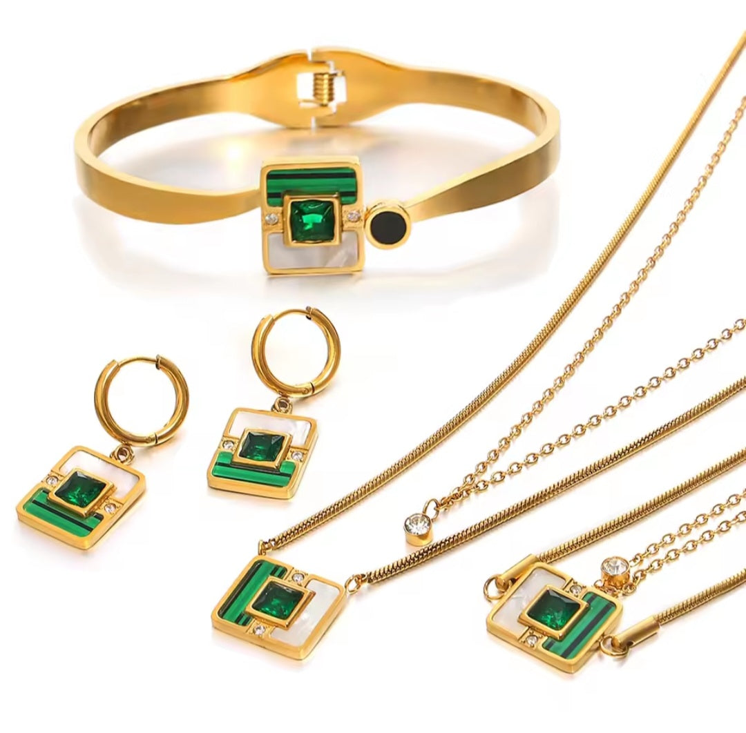 Emerald Green Crystal Stainless Steel 4pcs Necklace Jewelry Set