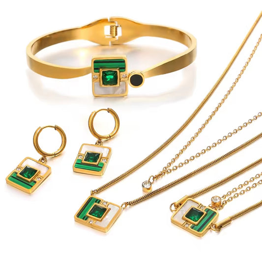 Emerald Green Crystal Stainless Steel 4pcs Necklace Jewelry Set
