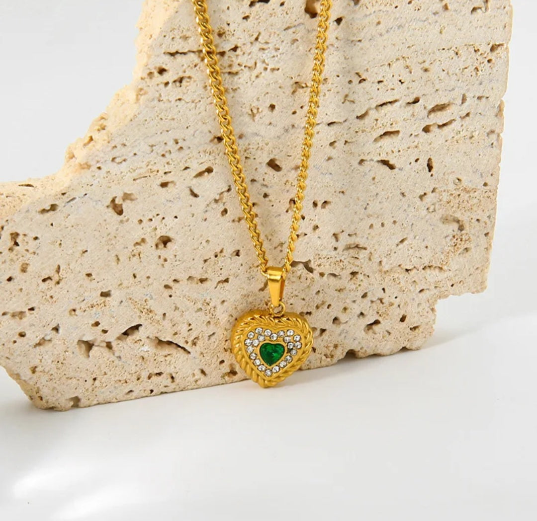 18K Gold Plated Green Emerald Heart Rhinestone 4 pcsJewelry Set