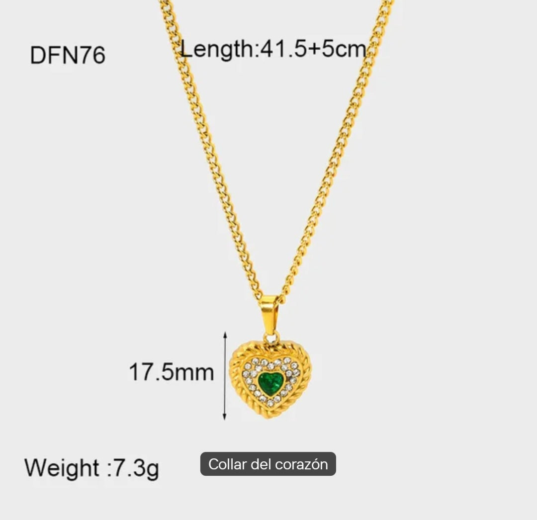 18K Gold Plated Green Emerald Heart Rhinestone 4 pcsJewelry Set