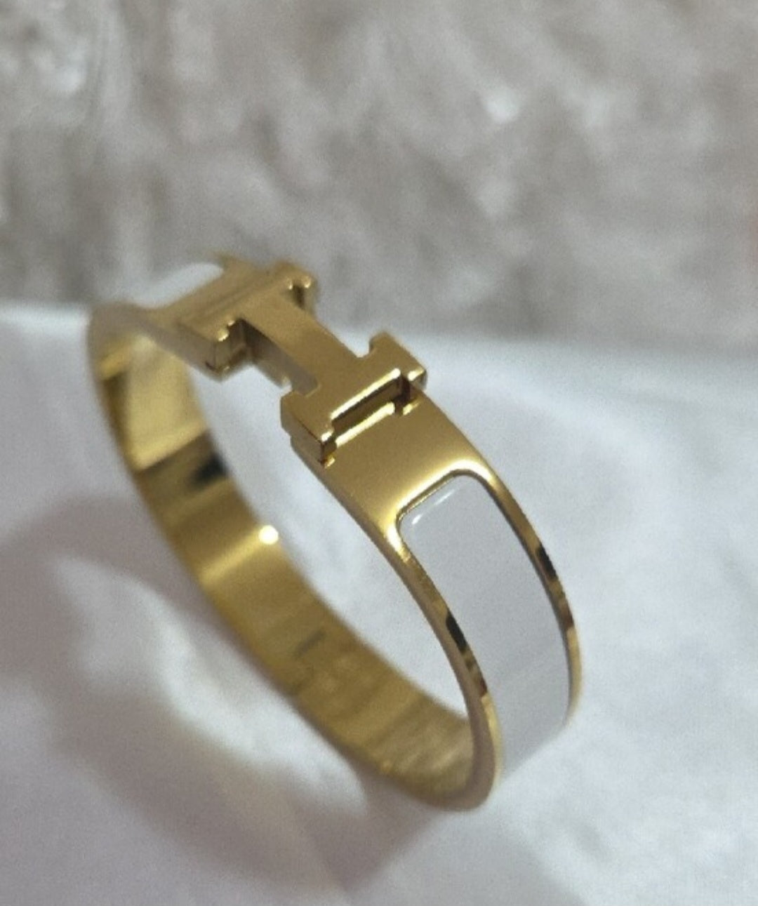 Hermes Style Gold-Plated Enamel White Bangle Bracelet