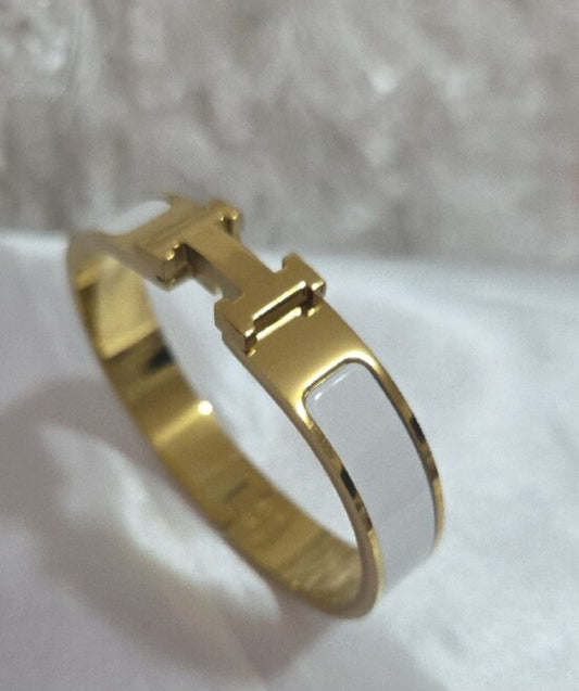 Hermes Style Gold-Plated Enamel White Bangle Bracelet