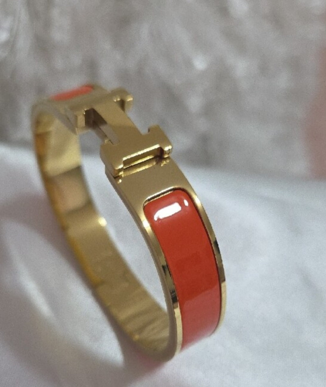 Hermes Style Gold-Plated Enamel White Bangle Bracelet