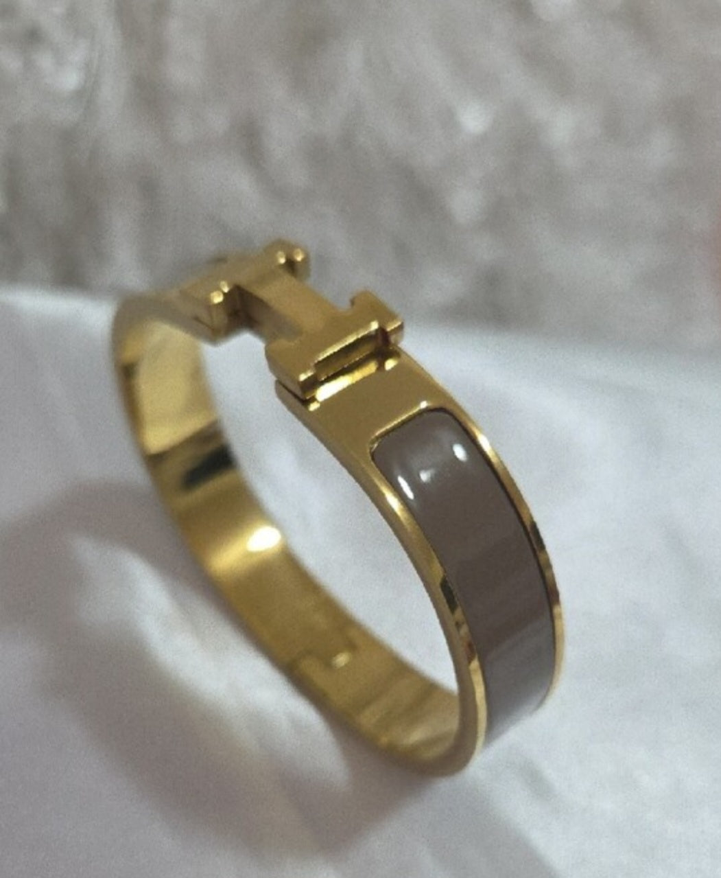 Hermes Style Gold-Plated Enamel Gray Bangle Bracelet