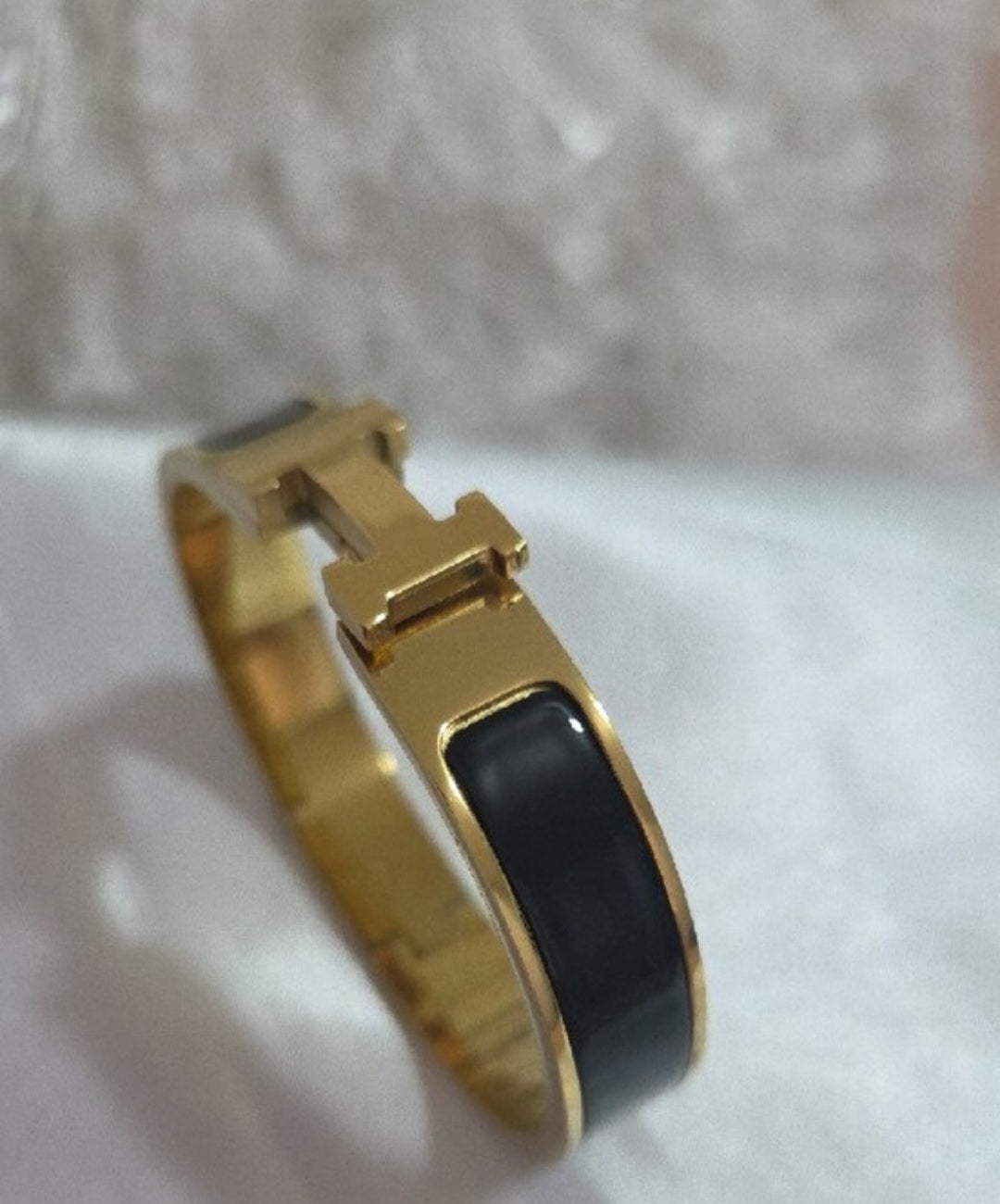 Hermes Style Gold-Plated Enamel Black Bangle Bracelet