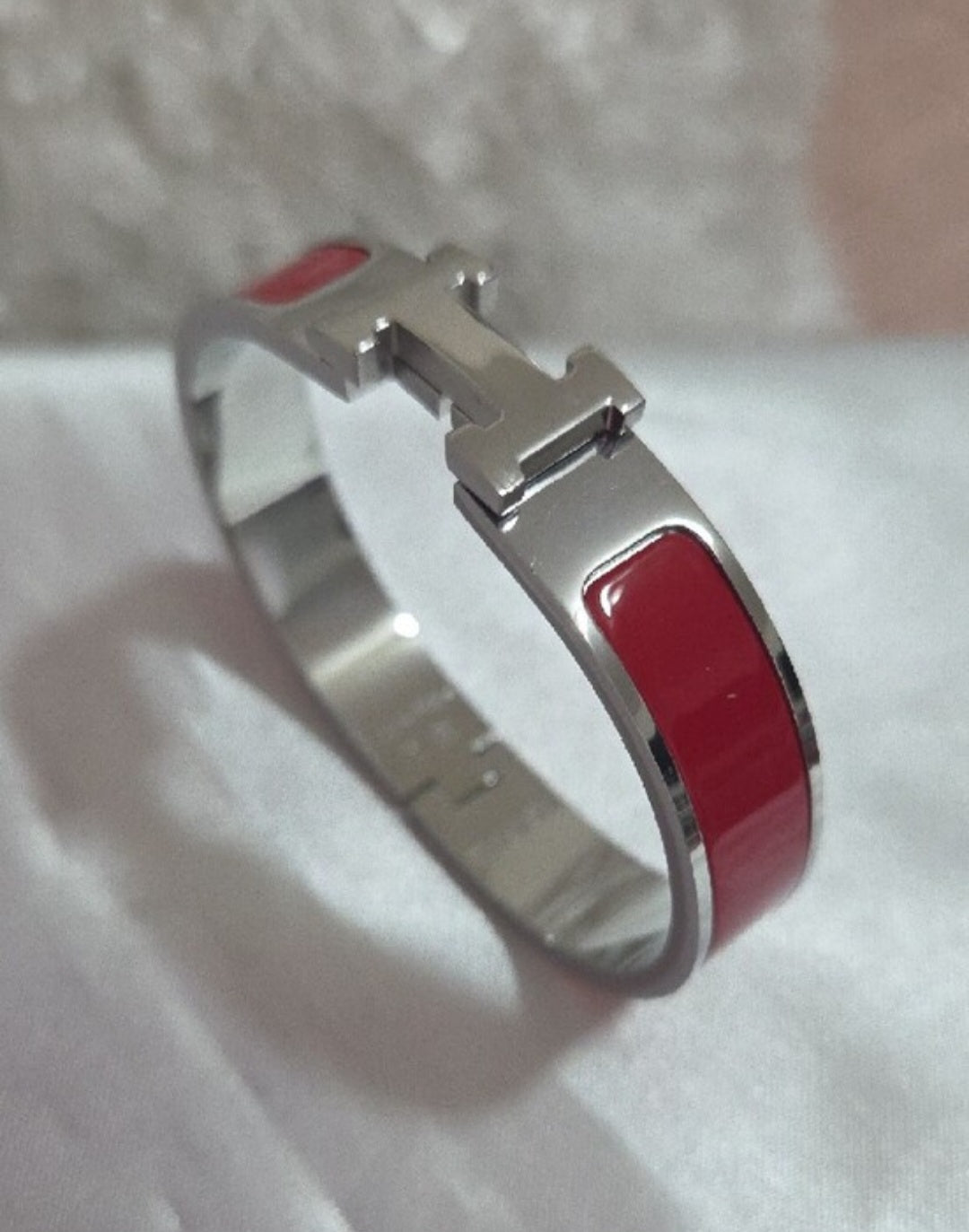 Hermes Style Gold-Plated Enamel Red Bangle Bracelet