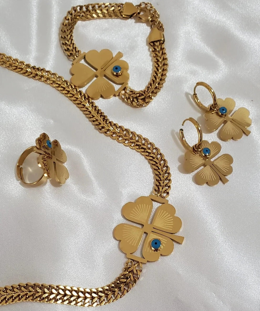 118K Gold Plated Four Leaf Clover Turquoise Jewelry Set