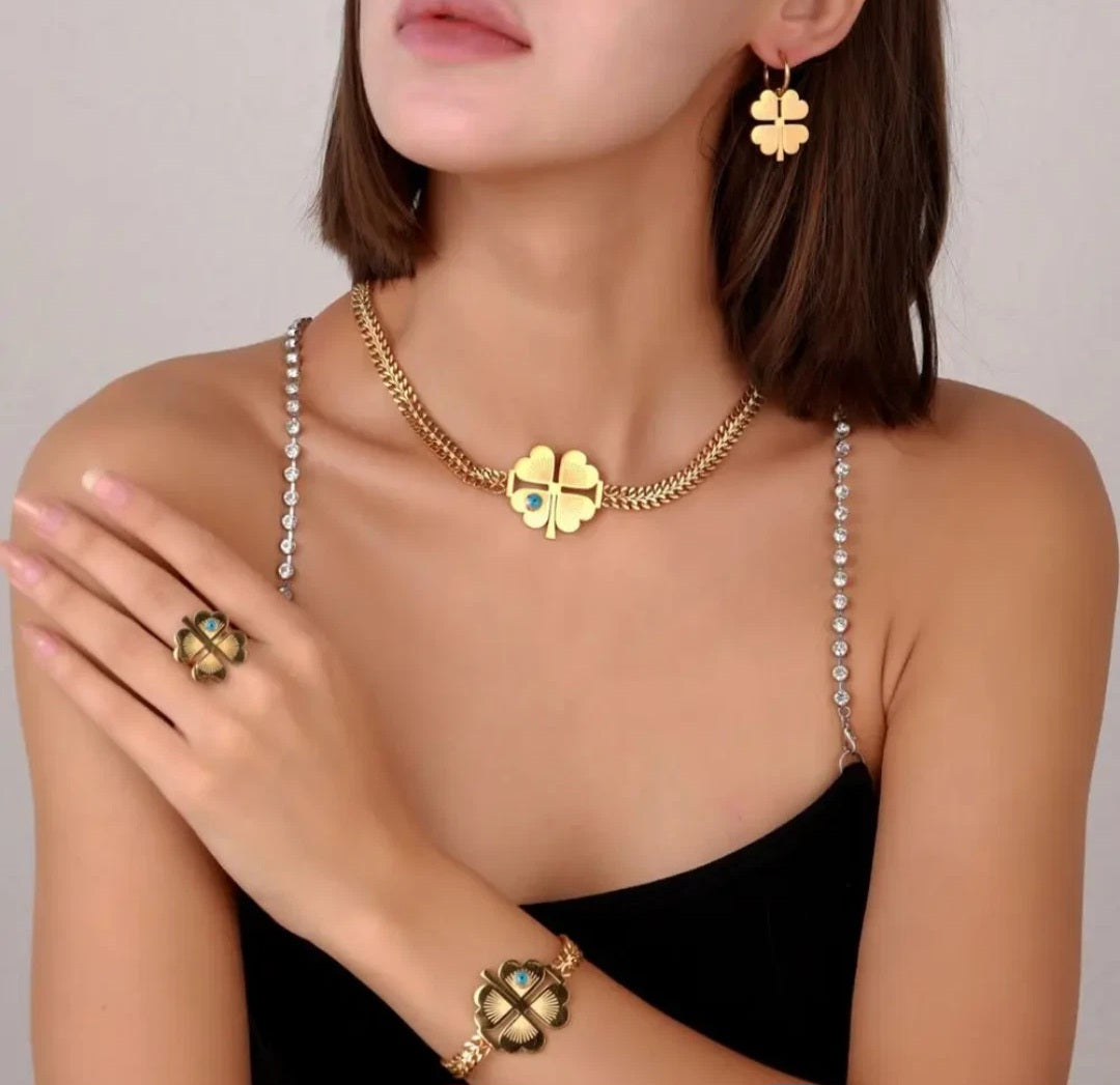 118K Gold Plated Four Leaf Clover Turquoise Jewelry Set