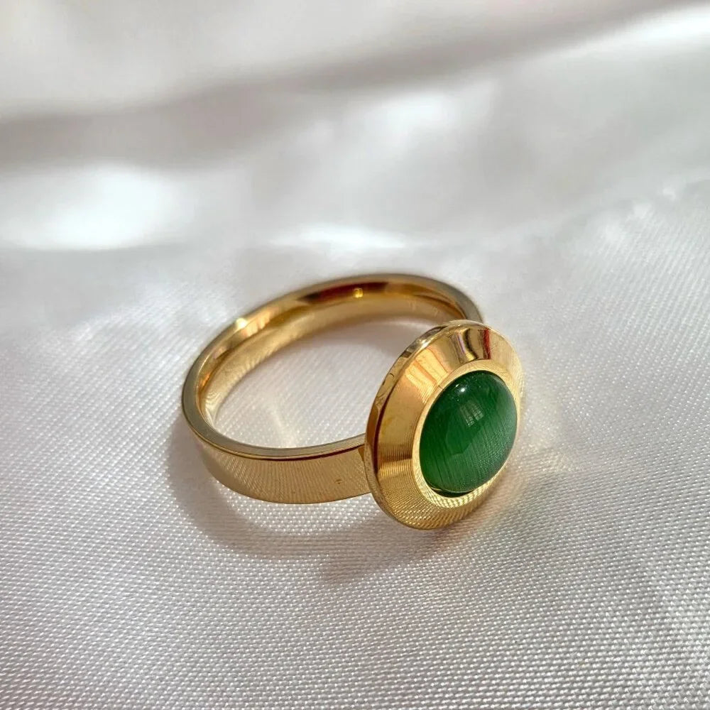 Stainless Steel Waterproof Green and Gold Ring Size 8