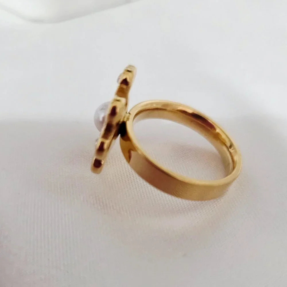 316-L Stainless Steel Gold Plated Pearl and Rhinestone Rings