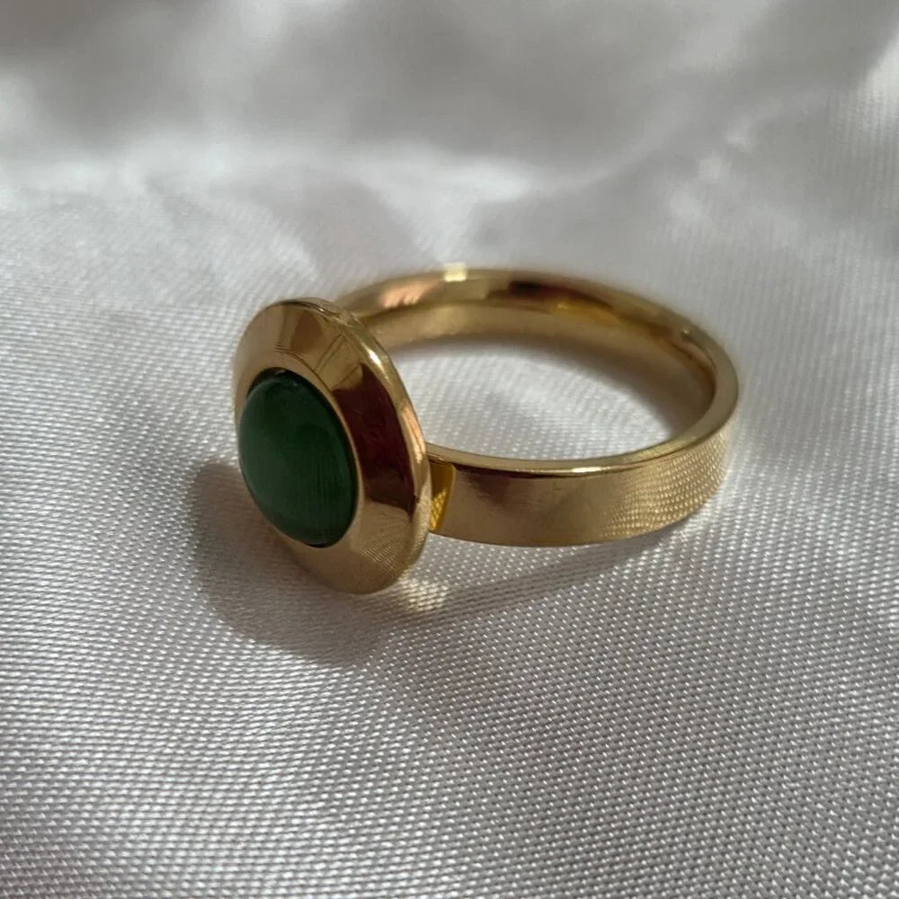 Stainless Steel Waterproof Green and Gold Ring Size 8