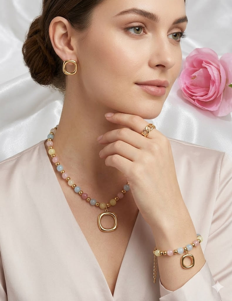 18K Gold Plated Stainless Steel Luxury Pastel Bead Jewelry Set – Necklace, Earrings, Bracelet & Ring (4 pcs)