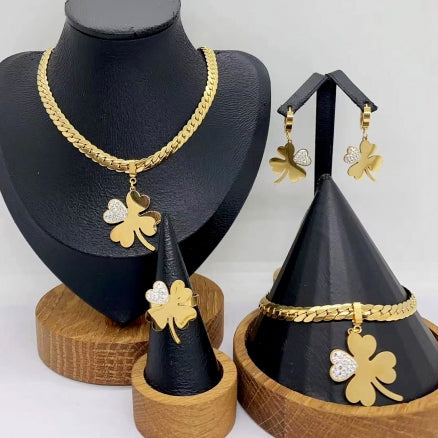Stainless Steel Gold Electroplated 18K Lucky Clover 4pcs Jewelry Set