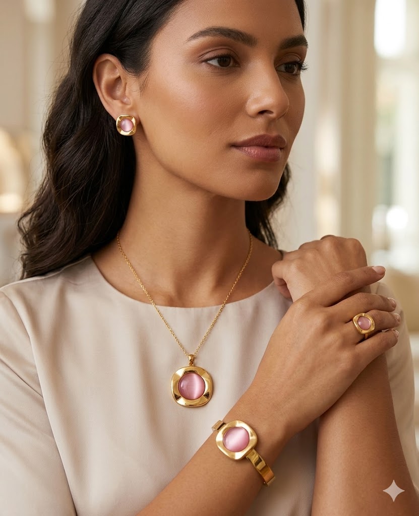 18K Gold Plated Stainless Steel Pink Vintage Jewelry Set – Necklace, Bracelet, Ring & Earrings (4 pcs)